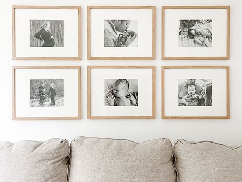 Family Room Gallery Wall with Black and White Prints Gallery Wall Black And White Photos, Family Photos Behind Couch, Black And White Gallery Wall Photographs, Picture Wall Above Couch, Black And White Family Photo Wall, Photos Above Couch, Gallery Wall Above Couch, Family Room Gallery Wall, Black And White Family Photos