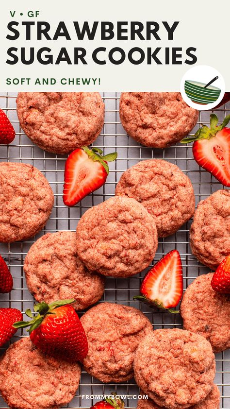 These puffy, soft, and sweet Strawberry Sugar Cookies are a berry-packed treat for Valentine’s Day or summer! Vegan, Gluten-Free Option. Coconut Cream Recipes, Fruity Cookies, Vegan Gluten Free Cookies, Strawberry Sugar Cookies, Strawberry Sugar, Natural Food Coloring, Strawberry Cookies, Strawberry Flavor, Dried Strawberries