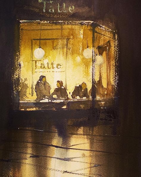 Watercolor Night Scene, Night Watercolor Paintings, Night Watercolor, Watercolor Restaurant, Night Street Illustration, Night Time Watercolor, Cafe Watercolor, Watercolour Night Scene, Cafe Watercolor Painting