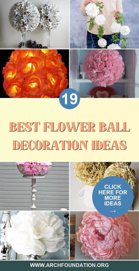 Flower ball decorations are delightful accents that add a burst of color and charm to any event or home decor. Known for their versatility, these floral arrangements can be hung or used as elegant tabletop displays, perfect for weddings, parties, or everyday elegance. Incorporate flower balls into your decor to brighten up your living space or special event. They offer a fresh and vibrant way to decorate. Ball Decoration Ideas, Diy Flower Ball, Flower Ball Centerpiece, Cupcake Liner Flowers, Topiary Centerpieces, Paper Flower Ball, Eiffel Tower Vases, Flower Balls, Tower Vase