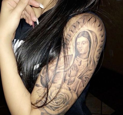 Mexican Arm Tattoos For Women, Tattoo Ideas Chicano, Chicana Tattoos For Women, Virgen De Guadalupe Tattoo Ideas, Cholo Tattoo, Guadalupe Tattoo, Forearm Cover Up Tattoos, Chicanas Tattoo, Half Sleeve Tattoos Forearm