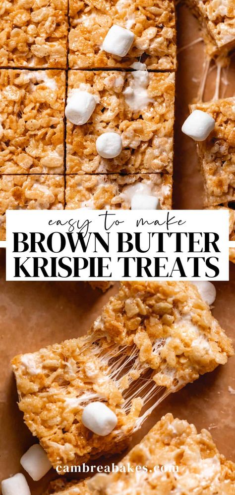 These easy-to-make brown butter rice krispie treats are sweet, gooey, buttery, and packed with nutty brown butter flavor. The addition of a little extra butter and marshmallows, and toasting the crispy rice cereal packs tons of extra flavor! Brown Butter Rice Krispie Treats, Brown Butter Rice, Fun Rice Krispie Treats, Homemade Rice Krispies Treats, European Butter, Krispy Treats, Cereal Treats, Butter Rice, Oreo Dessert