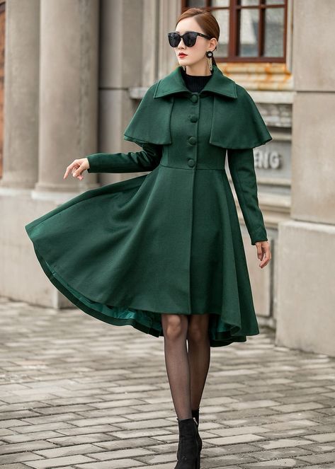 Mantel Cape, Fit And Flare Coat, Victorian Coat, Green Wool Coat, Wool Cape Coat, Princess Coat, Wool Winter Coat, Cute Coats, Wool Coat Women