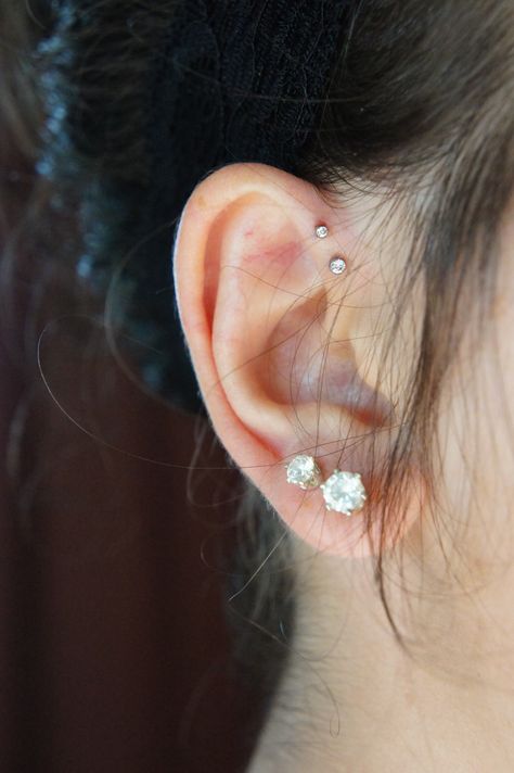 lovelovelove Double Forward Helix Piercing, Forward Helix Piercings, Three Ear Piercings, Forward Helix Earrings, Helix Piercings, Forward Helix Piercing, Cool Piercings, Forward Helix, One At A Time