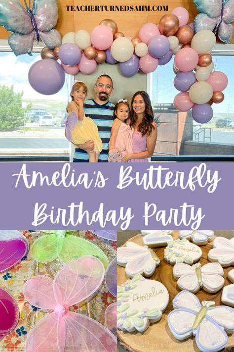 This butterfly birthday party was so fun to put together. The balloon arch turned out so good! Check out where I got everything here! 3rd Butterfly Birthday, Butterfly Theme 2nd Birthday, Butterfly 2nd Birthday, Butterfly Birthday Activities, Butterfly Birthday Party Ideas, Butterflies And Rainbows Birthday, Three Year Old Butterfly Party, Butterfly Birthday Party Decorations, Butterfly Themed Birthday Party