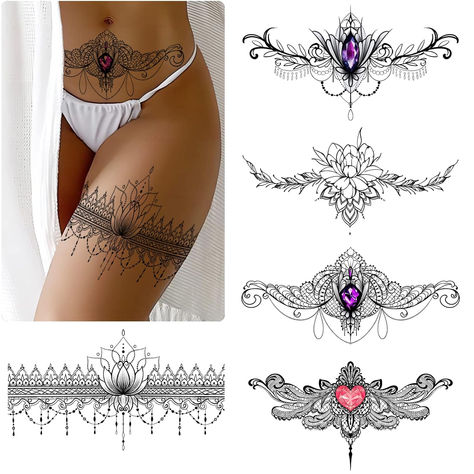 Lace Thigh Tattoos, Tattoos Large, Front Thigh Tattoos, Half Arm Sleeve Tattoo, Lace Tattoos, Tummy Tattoo, Tattoos Set, Lace Tattoo Design, Flower Thigh Tattoos