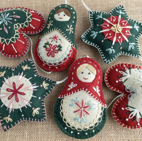 Felt Matryoshka Doll Pattern, Diy Felt Gnome Ornaments, Felt Yule Ornaments, Elephant Felt Ornament, Angel Felt Ornament, Vintage Christmas Decor Ideas Tree, Felt Embroidered Ornaments, Felt Christmas Crafts, Matryoshka Doll Pattern