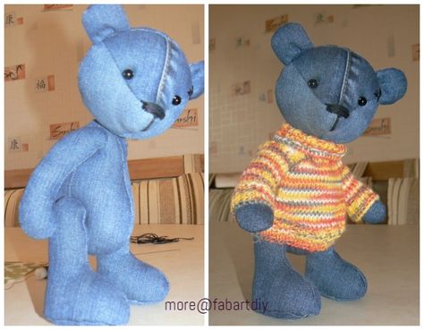 DIY Cute Jean Teddy Bear Free Sew Pattern & Template Denim Bear Pattern Old Jeans, Sewing Pattern Stuffed Animal Free, Denim Teddy Bear Pattern, Teddy Bear Patterns Free Sewing, Stuffed Animal Patterns Free Templates, Memory Bears Pattern Free, Bear Patterns Sewing, Thirteenth Doctor, Teddy Bear Patterns Free