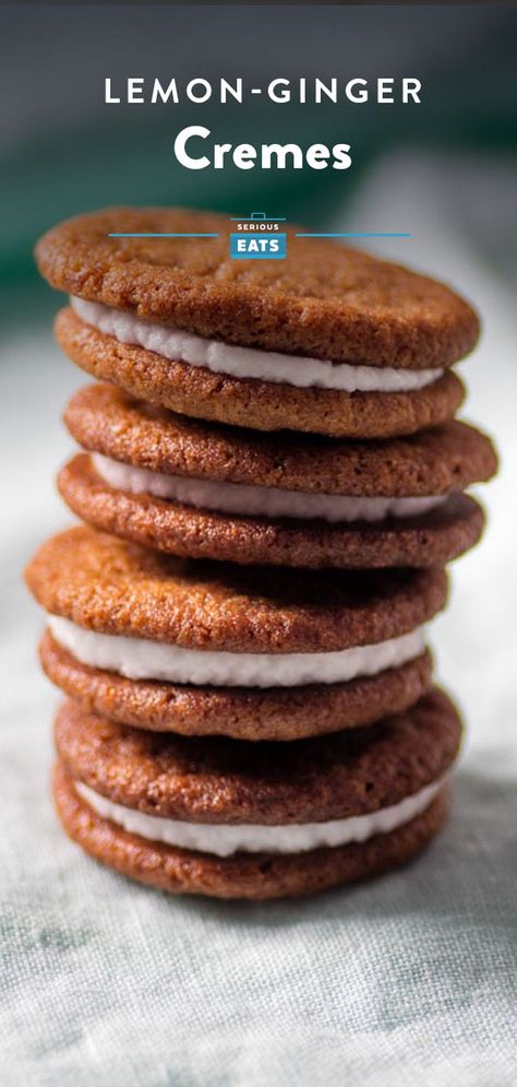 Crispy Lemon-Ginger Sandwich Cookies Recipe Ginger Shortbread, Lemon Creme, Cookie Sandwich Recipes, Lemon Ginger, Ginger Cookies, Serious Eats, Sandwich Cookies, Tips And Advice, Cookies Recipe