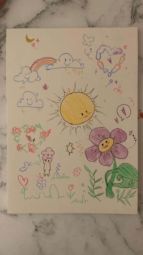 Sketch Notes Ideas Student, Color Pencil Doodle Art, Asthetic Picture Drawing, Dotted Paper Drawing Ideas, Sketch Book Drawings Doodles, So Cute Drawings, Spring Drawing Ideas, Colored Pencil Doodles, Sketchbook Ideas Easy