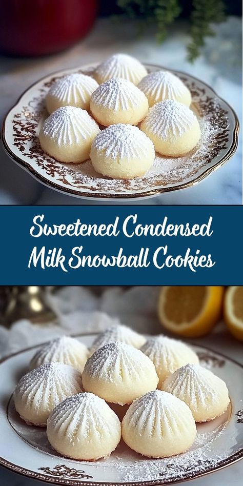 These Sweetened Condensed Milk Snowball Cookies are tender, buttery, and coated in a snowy layer of powdered sugar. With a hint of vanilla and a rich, melt-in-your-mouth texture, they’re perfect for the holidays or any special occasion! Snowball Cookies, Sweetened Condensed Milk, Condensed Milk, Powdered Sugar, Easy Recipes, Vanilla, Special Occasion, Easy Meals, Milk