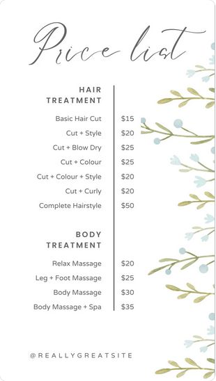 White Floral Salon Price List Canva Template Massage Prices, Body Massage Spa, Salon Price List, Price List Template, 50 Hair, Massage Room, Spa Massage, List Template, Foot Massage