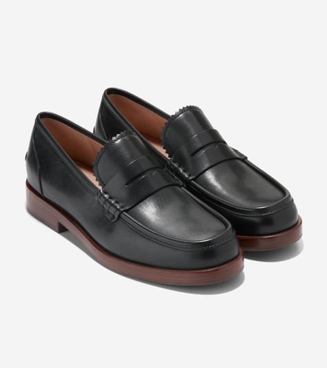 Women's Christyn Penny Loafers in Black | Cole Haan Box Stitch, Loafers Style, Sheep Leather, Penny Loafer, Leather Products, Penny Loafers, Stacked Heel, Leather Working, Cole Haan