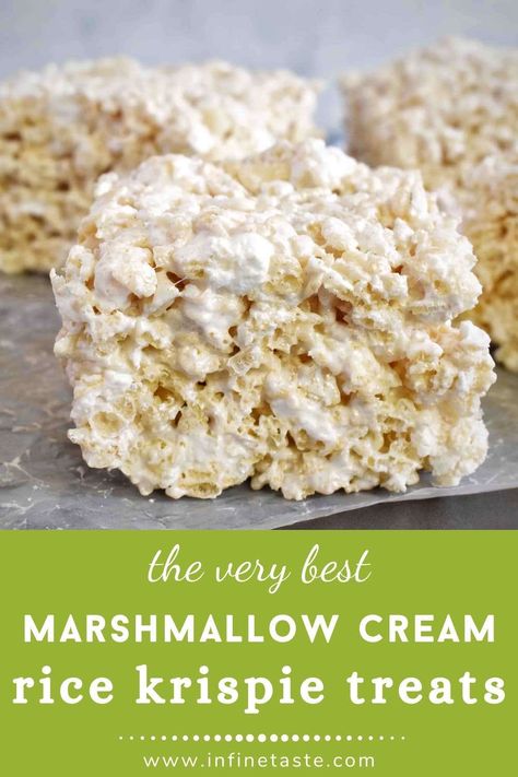 super marshmallowy crispy treats with text at bottom Marshmallow Creme Rice Crispy Treats, How To Make Rice Krispie Treats With Marshmellow Cream, Rice Krispie Treats Marshmallow Creme, Marshmallow Cream Rice Krispie Treats, Rice Crispy Treats With Fluff, Rice Krispie Treats With Marshmallow Cream, Rice Krispie Treats Marshmallow Fluff, Rice Crispy Treats With Marshmello Fluff, Buttery Rice Crispy Treats