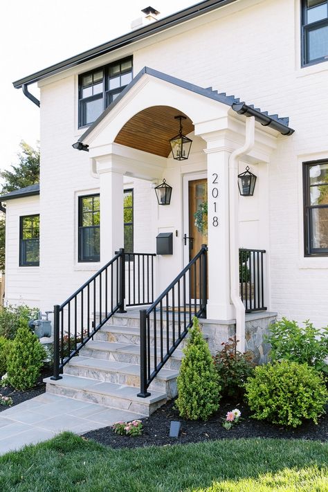 How To Improve Your Home's Curb Appeal With House Exterior Trends White Colonial House Exterior With Porch, White Dove Exterior Paint, White Dove Exterior, House Exterior Trends, Paint Trim, Trim Paint Color, Brooklyn Style, Door Paint Colors, Patio Inspiration