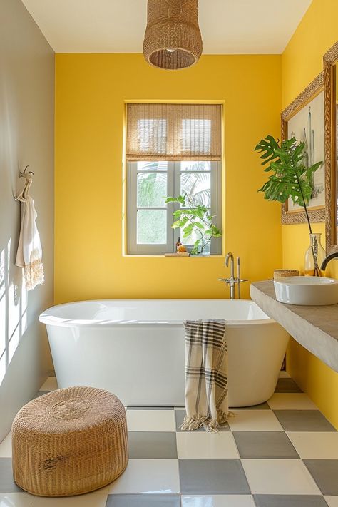 Yellow Bathroom Paint Colors, Yellow Painted Bathroom, Yellow Bathroom Paint, Yellow Bathroom Walls, Yellow Grey Bathroom, Best Bathroom Paint Colors, Yellow Bathroom Decor, Painted Bathroom, Yellow Bathroom