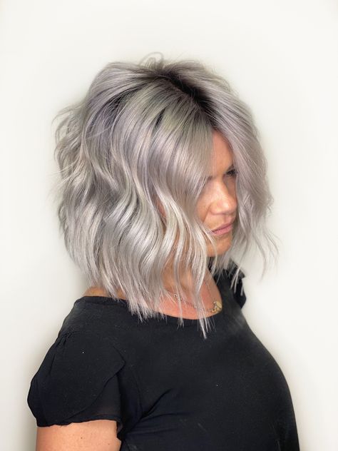 Grey Hair With Root Smudge, Grey Hair Root Smudge, Shadow Root On Platinum Hair, Platinum Bob With Shadow Root, Full Bleach Out With Shadow Root, Gray Platinum Hair, Platinum Hair Shadow Root, Grey Hair With Shadow Root, Platinum Shadow Root