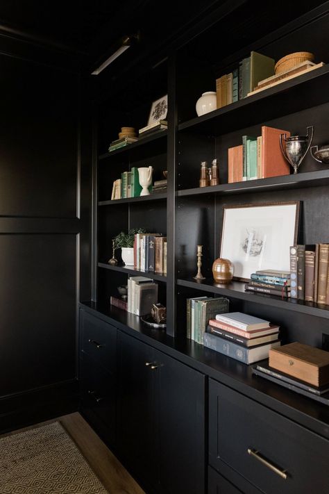 The Best Black Paint Colors For Your Home Sherwin Williams Greenblack, Black Paint Colors, Painted Bookshelves, Black Paint Color, Black Bookcase, Living Room Built Ins, Built In Cabinet, Bookcase Styling, Bookshelf Styling