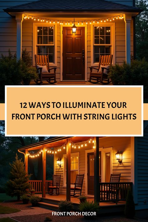 Cozy front porch illuminated by string lights draped across wooden beam Hanging Porch String Lights, Bistro Lights Porch, Covered Porch Lighting Ideas, Porch String Light Ideas, Front Porch Lighting Farmhouse, Porch Lights String Ideas, Front Porch String Light Ideas, Front Porch String Lights, String Lights On Porch