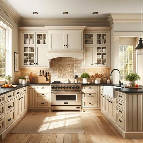 Cream Kitchens With Black Appliances, Black Granite Cream Cabinets, Taupe Kitchen Cabinets With Dark Granite, Dark Kitchen Granite Countertops, Black Countertops Gold Hardware, Countertops With Beige Cabinets, Beige Backsplash Kitchen, Dark Countertops White Cabinets, Beige Cabinets Kitchen