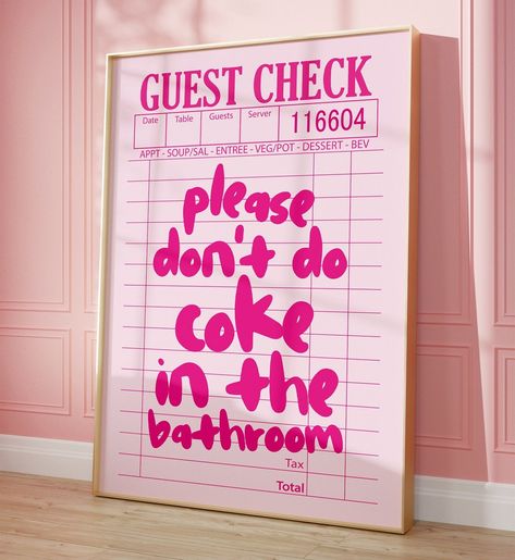 Guest Check Print, Hot Pink Walls, Girly Bathroom, Preppy Decor, Pink Bar, Guest Check, Bar Cart Art, Bar Poster, Funny Bathroom Decor