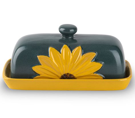 PRICES MAY VARY. 【Sunflower Butter dish】This butter dish is specially designed to non-smudging store butter, keeps your butter fresh for an optimal period of time and easy to spread. This butter dish with lid features sleek touch, showy color and nature design that is appropriate for everyday use, the sunflower shape is classic natural elements, adding a beautiful decor to your kitchen. 【Joying Sharing Delicacy】The sunflower shaped lid can be naturally integrated into your kitchen to bring a tou Ceramic Butter Dish Painting Ideas, Useful Clay Ideas, Sunflower Ceramic, Ceramics Butter Dish, Handmade Butter Dish Ceramics, Handmade Ceramic Butter Dish, Butter Dishes With Lid Ceramics, Pottery Butter Dish, Sunflower Butter