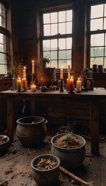 Witchs Altar in an Abandoned Barn Spell Books Herbs and a Bubbling Cauldron | Premium AI-generated image Witches Cottage In The Woods, Forest Witch House, Witch Cabin In The Woods, Witch Altar Aesthetic, Dark Witch Altar, Forest Witch Altar, Spooky Cabin In The Woods, Forest Witch Aesthetic, Witch Cabin