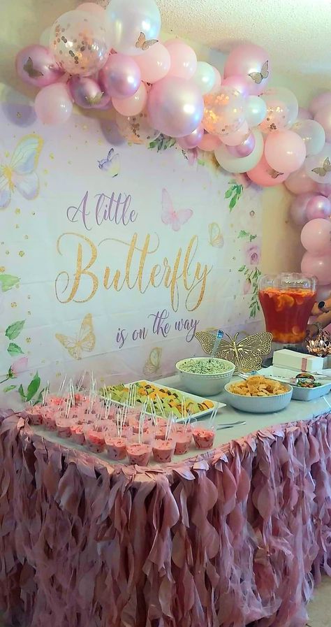 Baby Shower Buffet Table, Baby Shower Buffet, Appetizer Table, Butterfly Baby Shower Theme, Appetizers Table, Garden Baby Showers, Baby Shower Desserts, Butterfly Baby Shower, Butterfly Theme