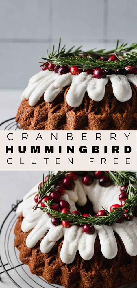 Gluten Free Hummingbird Cake, Gluten Free Christmas Dinner, Hummingbird Bundt Cake, Cake With Cranberries, Gluten Free Bundt Cake, Gluten Free Desserts Holiday, Gluten Free Christmas Cake, Gluten Free Christmas Desserts, Christmas Bundt Cake