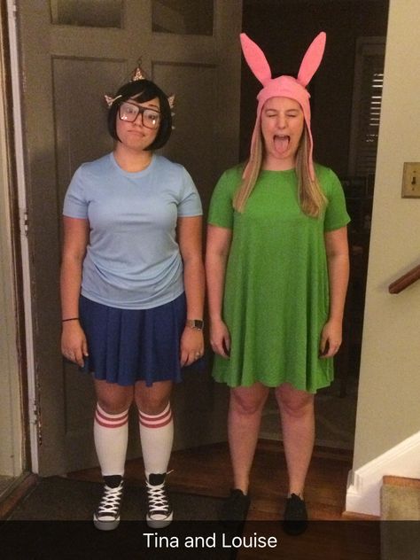 Tina and Louise Belcher from Bob’s Burgers. Tina Halloween Costume, Tina And Louise Costume, Louise Bobs Burgers Costume, Tina And Louise Belcher, Bobs Burgers Halloween Costumes, Louise Belcher Costume, Tina Belcher Costume, Louise Costume, Bob's Burgers Halloween Costume