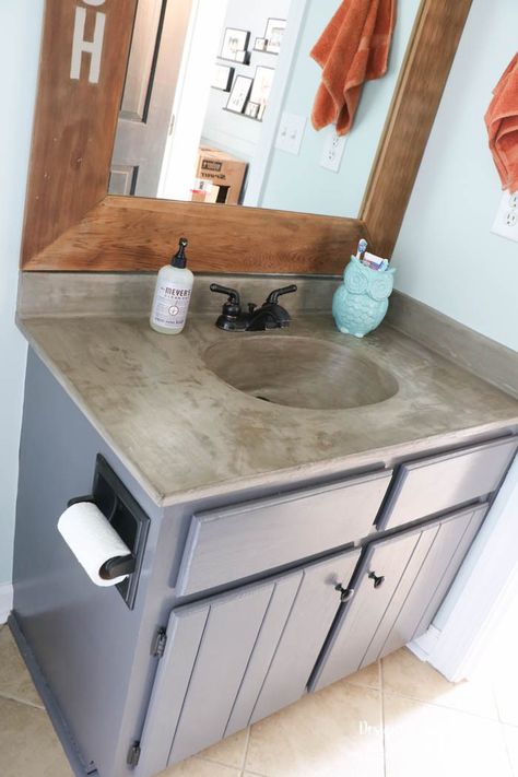 Tasha Designer Trapped diy concrete countertop feather finish bathroom vanity with integral sink Cement Bathroom Countertops, Diy Concrete Bathroom, Diy Concrete Countertops Bathroom, Concrete Bathroom Countertops, Bathroom Counter Designs, Bathroom Countertop Cabinet, Integral Sink, Concrete Vanity Top, Concrete Bathroom Sink