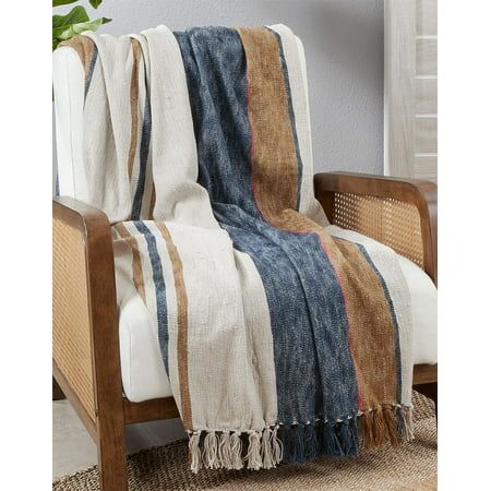 Fennco Styles Striped Cotton Throw Blanket with Tasse Wrap yourself in cozy comfort with this Striped Tassel Throw Blanket. Features the navy blue and brown stripes pattern against a woven textured backdrop creates a unique color block style for a warm look and feel, tassel detailing on the ends lends visual appeal to any space. The simple design blends effortlessly with any decor style, lay it cascading over the back of a sofa or keep it folded at the foot of your bed to add a touch of luxury t Slate Blue And Gray Bedding, Family Room With Navy Couch, Decor For Blue Couch, Throw Blanket For Couch, Blue Western Living Room, Brown And Navy Bedroom, Navy Blue And Tan Bedroom, Navy Blue And Rust Bedroom, Gray And Navy Blue Living Room