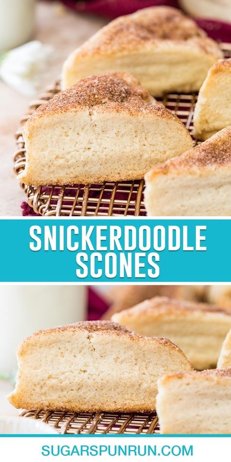 You can make a tray of these Snickerdoodle Scones in just 30 minutes! This super simple recipe uses only 9 ingredients and a food processor. Snickerdoodle Scones, Sweet Scones Recipe, Savory Scones Recipe, Sugar Spun Run, Baking Scones, Scones Recipe Easy, Homemade Scones, Savory Scones, Scones Recipe