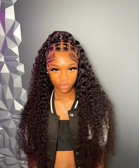 Rubber Band Hairstyles With Sew In, Rubber Band Frontal Hairstyles, Curly Quick Weave With Braids, Wet And Wavy Wig Hairstyles For Black Women, Deep Wave Frontal Wig Hairstyles With Rubber Bands, Rubber Band Hairstyles Lace Wig, Criss Cross Half Up Half Down Hair Weave, Deep Wave Wig Two Braids, Deep Wave Frontal Wig With 2 Braids