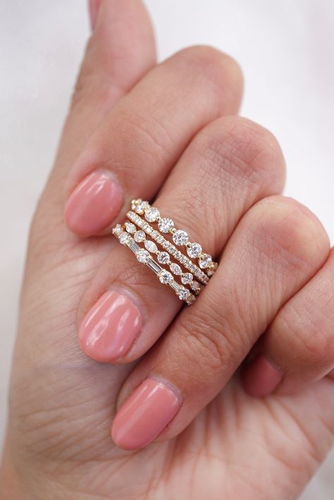 Stacked Diamond Wedding Bands, Mixed Metal Wedding Rings, Wedding Band Stack, Mixed Metals Wedding, Anniversary Bands For Her, Stackable Diamond Bands, Stacked Diamond Bands, Dainty Wedding Band, Modern Wedding Band