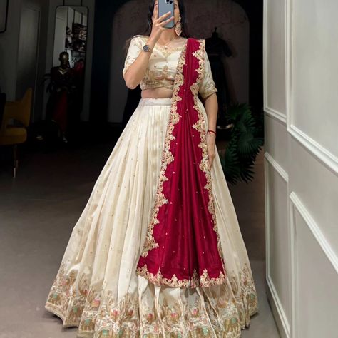 *🌷Wedding Collection 2025🌷* A bridesmaid statement in serene shades 🕊️ *LNB1411OWT* *Lehenga (Stitched)* Lehenga Fabric : Vichitra Silk Lehenga work : Sequins and Thread Embroidery Work Lehenga Waist : SUPPORTED UP TO 42 Lehenga Closer : Drawstring with Zip Stitching : Stitched With Canvas and Can Can Length : 41 Flair : 3.5 Meter Inner : Micro Cotton *Blouse (Unstitched)* Blouse Fabric : Vichitra Silk Blouse Work : Sequins and Thread Embroidery Work Blouse Length : 1 Meter *Du... Dupatta For White Lehenga, Wedding Chaniya Choli Designs, White Choli Designs, Silk Chaniya Choli Designs, White Lehenga Look, Chaniya Choli Designs Weddings, White Chaniya Choli, Haldi Rasam, Off White Lehenga