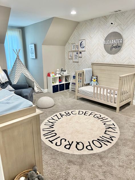 Nursery Ideas Aesthetic, Baby Boy Bedroom Ideas, Boy Nursery Rug, Bedroom Baby Boy, Toddler Play Tent, Rocker Nursery, Boy Nursey, Toddler Bookshelf, Nursery Rugs Boy