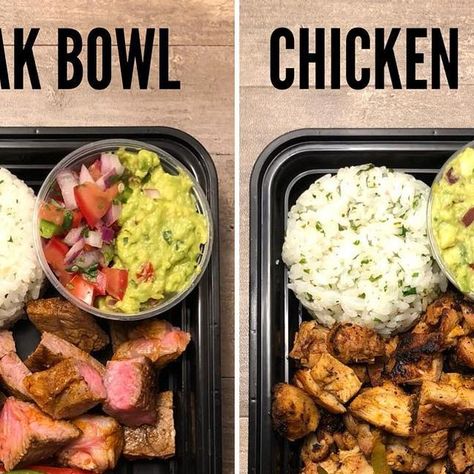 Josh Cortis on Instagram: "Steak Burrito Bowls and Chicken Burrito Bowls. These are my two favorite meals to make for my weekly lunches. The Chicken Burrito Bowls are in the 1st Edition of The Meal Prep Manual eBook and the steak Burrito Bowls are in the 2nd Edition. The recipes are identical apart from the meat used though 😎😎 . . Every time I post one of these I always get asked about the guacamole and if it stays well throughout the week. I’ve come up with a decent strategy to help it last through the week. I use the small containers you see in each dish and slightly overfill the container with guacamole and then put a lid over the top of the small container. Slightly overfilling it creates an airtight seal that helps to prevent browning over the week. It doesn’t stay as green as it do Steak Burrito, Chicken Burrito Bowls, Burrito Bowls Recipe, Chicken Burrito, Best Meal Prep, Chicken Burrito Bowl, Burrito Bowls, Small Container, Sunday Meal Prep