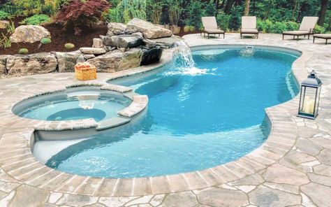 Fiberglass Pool Ideas With Tanning Ledge, Fiberglass Pool With Spa, Pool With Tanning Ledge And Spa, Small Pool With Tanning Ledge, Fiberglass Pool Ideas Backyards, Pool And Spa Design Backyards, Fiberglass Pool Ideas, Pool Designs Modern, Best Pool Designs