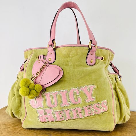 Vintage Y2K Original Juicy Couture Handbag, Lime Green and pink with gold charm Tote bag Y2k Bags, Juicy Couture Handbags, Bag Interior, Juicy Couture Bags, Green And Pink, Cute Bags, Safety Pin, Green Bag, Gold Charm