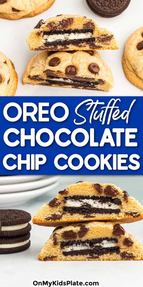 Close up of two different close ups of a chocolate chip cookie cut open showing an oreo stuffed inside with more chocolate chip cookies and oreos nearby on the counter. Title text overlay between the two images. Chocolate Chip Cookies With Oreos Inside, Cookie Recipes Gooey, Oreo Cookie Pie, Stuffed Chocolate Chip Cookies, Cookie And Bar Recipes, Oreo Stuffed Chocolate Chip Cookies, Frosted Sugar Cookies, Chewy Caramel, Ultimate Chocolate Chip Cookie