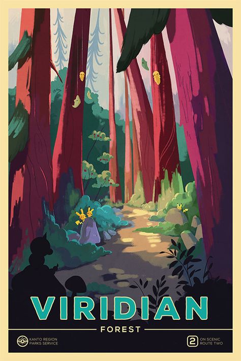 Janice Rosenthal Pokemon vintage national park poster Viridian City Pikachu Pokemon Locations, Pokemon Ideas, Pokemon Poster, Pokemon Regions, Pokemon Fanart, Pokémon Art, Original Pokemon, Pokemon Images, Retro Travel Poster