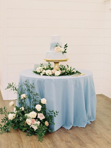 Dusty Blue Wedding Cake Table, Cake Table Arrangement, Dusty Blue Cake Table, Bride Cake Table Ideas, Flowers Around Cake Table, Table Cake Decoration Ideas Wedding, Wedding Cake Table Decorations Simple, Subtle Cinderella Wedding, Wedding Cake Table Backdrop Ideas