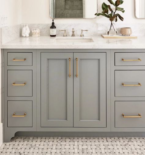 Pale Green Bathroom Vanity, Seafoam Bathroom Vanity, Grey Green Bathroom Vanity, Light Sage Green Bathroom Cabinets, Sea Salt Cabinets Bathroom, Boho Bathroom Cabinet Colors, Taupe Vanity Bathroom, Sage Vanity Bathroom, Light Green Bathroom Vanity