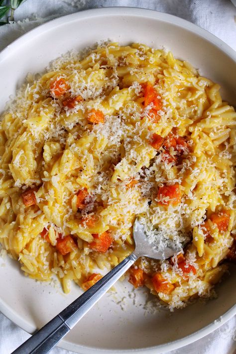 Butternut Squash Orzo, Squash Orzo, Fancy Mac And Cheese, Butternut Squash Puree, Squash Puree, Butternut Squash Pasta, Easy Pasta Dishes, Roasted Squash, Roasted Butternut Squash