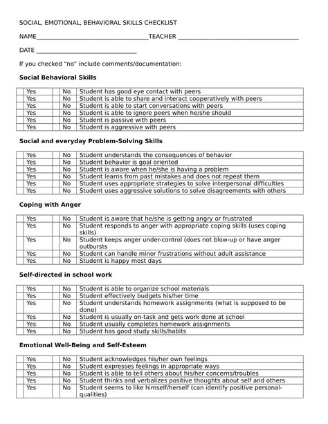 Social Skills Checklist, School Social Work Documentation, Teacher Observation Checklist, Classroom Observation Checklist, Developmental Checklist, Behavior Checklist, Preschool Assessment Forms, Applied Behavior Analysis Training, Student Checklist