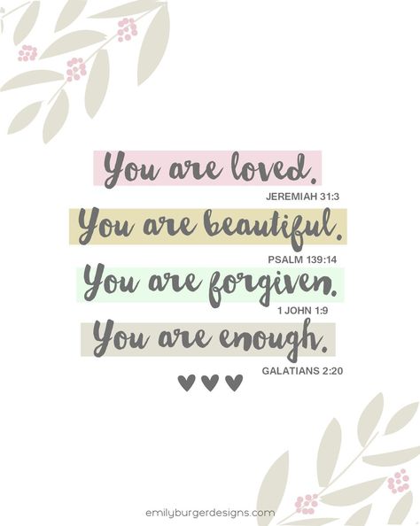 We just want to remind you that you are loved, you are beautiful, you are forgiven, you are chosen, you are worthy, and you are absolutely enough. You have a father who loves you, who prays for you, who sings songs over you, a father who literally suffered to have this relationship with you. Wherever you are in your walk with the Lord, remember your identity is found in Him and the word of God. You are never to far gone, come back home. <3 He's waiting with open arms. Bible Verses For Girls, Bible Verses For Teens, You Are Enough Quote, Enough Is Enough Quotes, Worthy Quotes, Bible Journal Notes, Psalm 139, Open Arms, The Word Of God