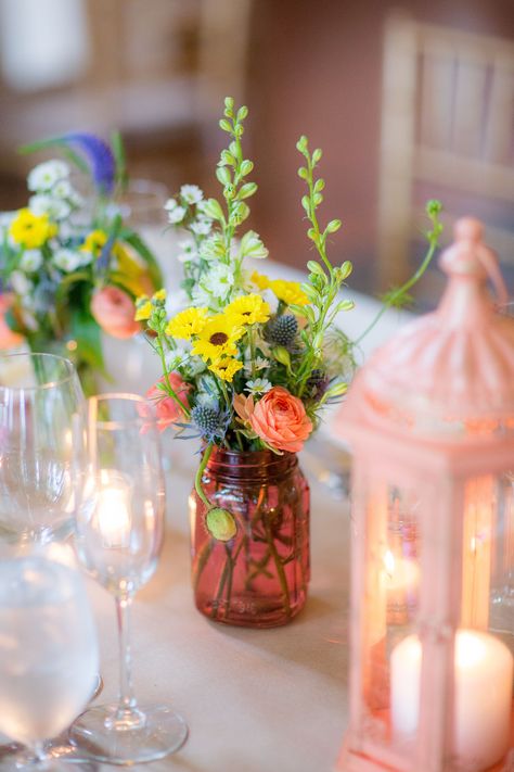 Ryland Inn Wedding, Wildflower Centerpieces, Colorful Sunflower, Country Bouquet, Sunflower Themed Wedding, Jar Centerpieces, Bridal Shower Flowers, Bridal Shower Diy, Wedding Floral Centerpieces