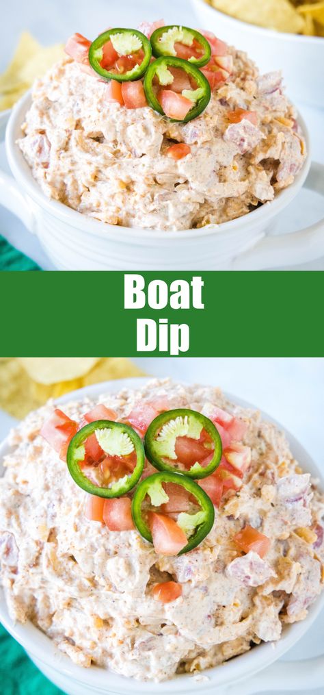 Boat dip is a cool, creamy taco dip inspired by the viral TikTok recipe! It's the perfect easy appetizer for your next summer BBQ or potluck. #boatdip #appetizer #tacodip Best Appetizer Recipes Tailgating, Dip For Cookout, Best Boat Snacks For Adults, Party Dips Summer, Diy Dips Recipes, Quick Dips Easy Cold, Mexican Dips Easy, Cold Summer Dips, Summer Dessert Dips