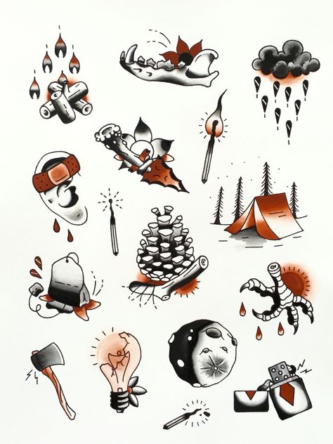 Traditional Tattoo Clouds, Pinecone Tattoo, Traditonal Tattoo, Outdoor Tattoo, Traditional Tattoo Flash Sheets, Rain Tattoo, Camping Tattoo, Hunter Tattoo, Tool Tattoo